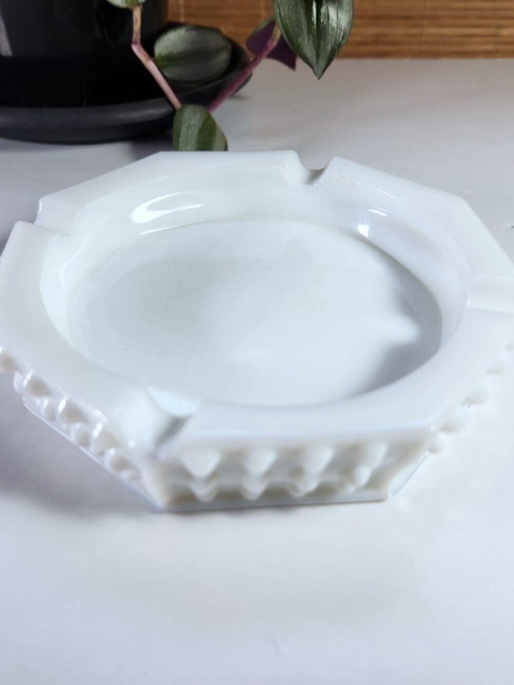 Vintage White Milk Glass Hobnail Octagon Ashtray 5.25" Mid‑Century